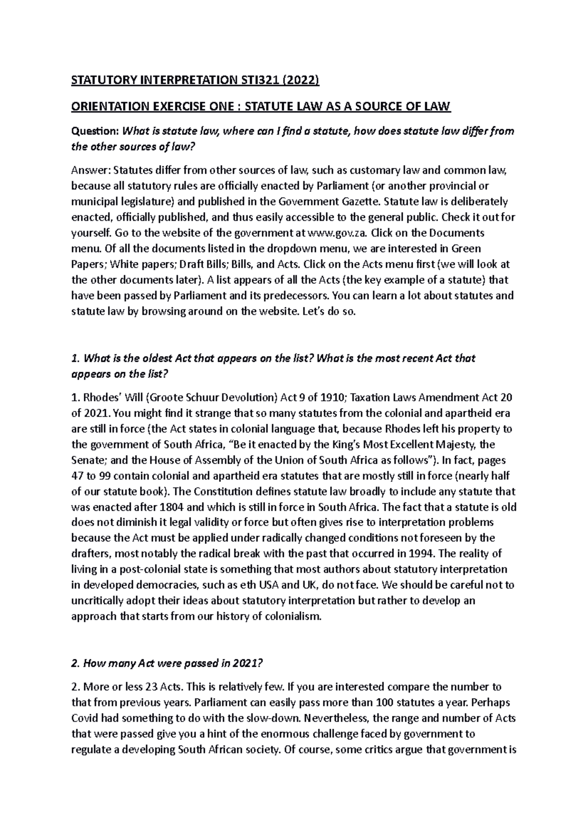 Statutory Interpretation STI321 question 1 STATUTORY INTERPRETATION