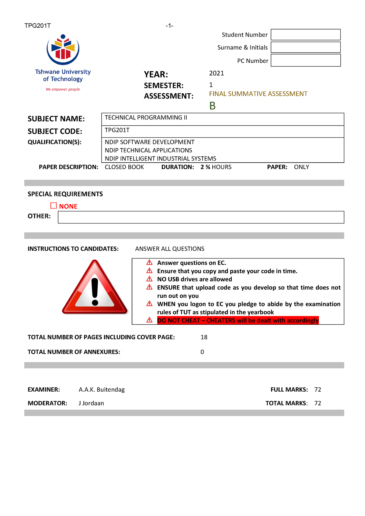 TPG201T S1 2021 Fin SummATIVE Ass B QP - YEAR: Student Number Surname ...