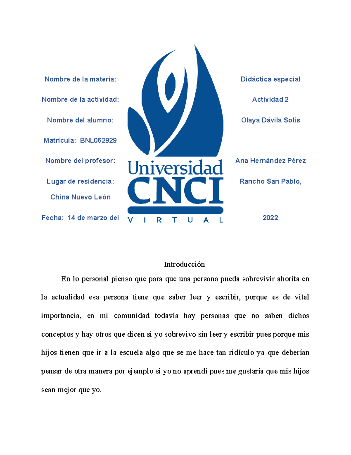 Didactica Actividad 2 Cnci Nombre De La Materia Didáctica Especial Nombre De La Actividad 4461