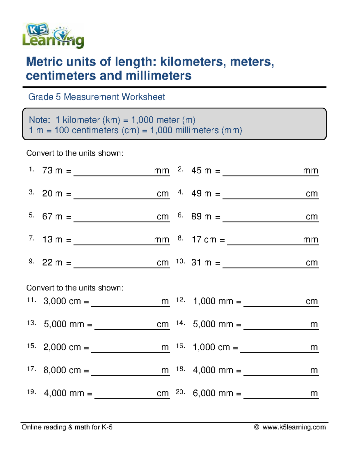 Grade5 Metrics Online reading & math for K5 © k5learning Metric units of length kilometers
