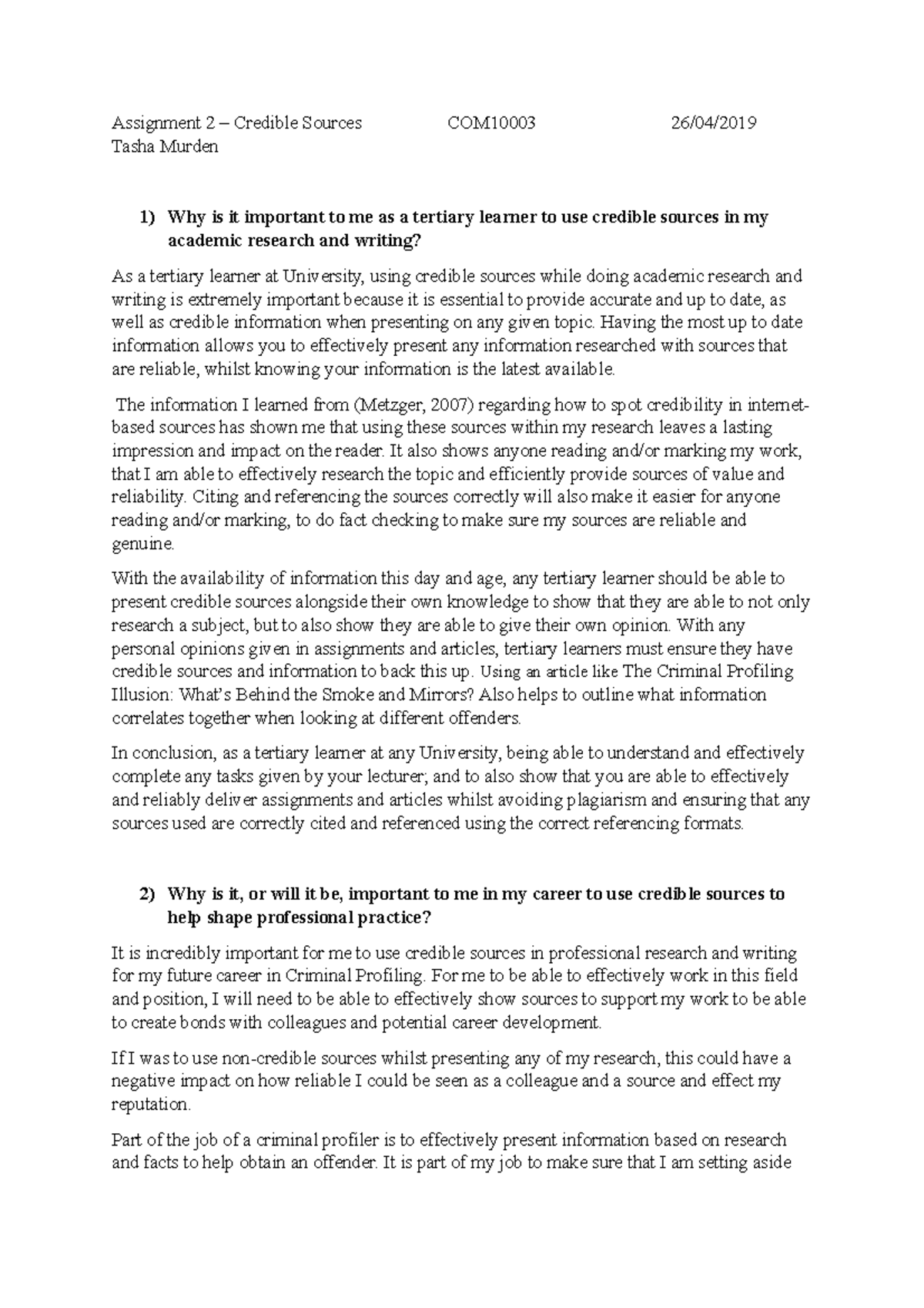 Assignment 2 - Credible Sources - Assignment 2 – Credible Sources Tasha ...