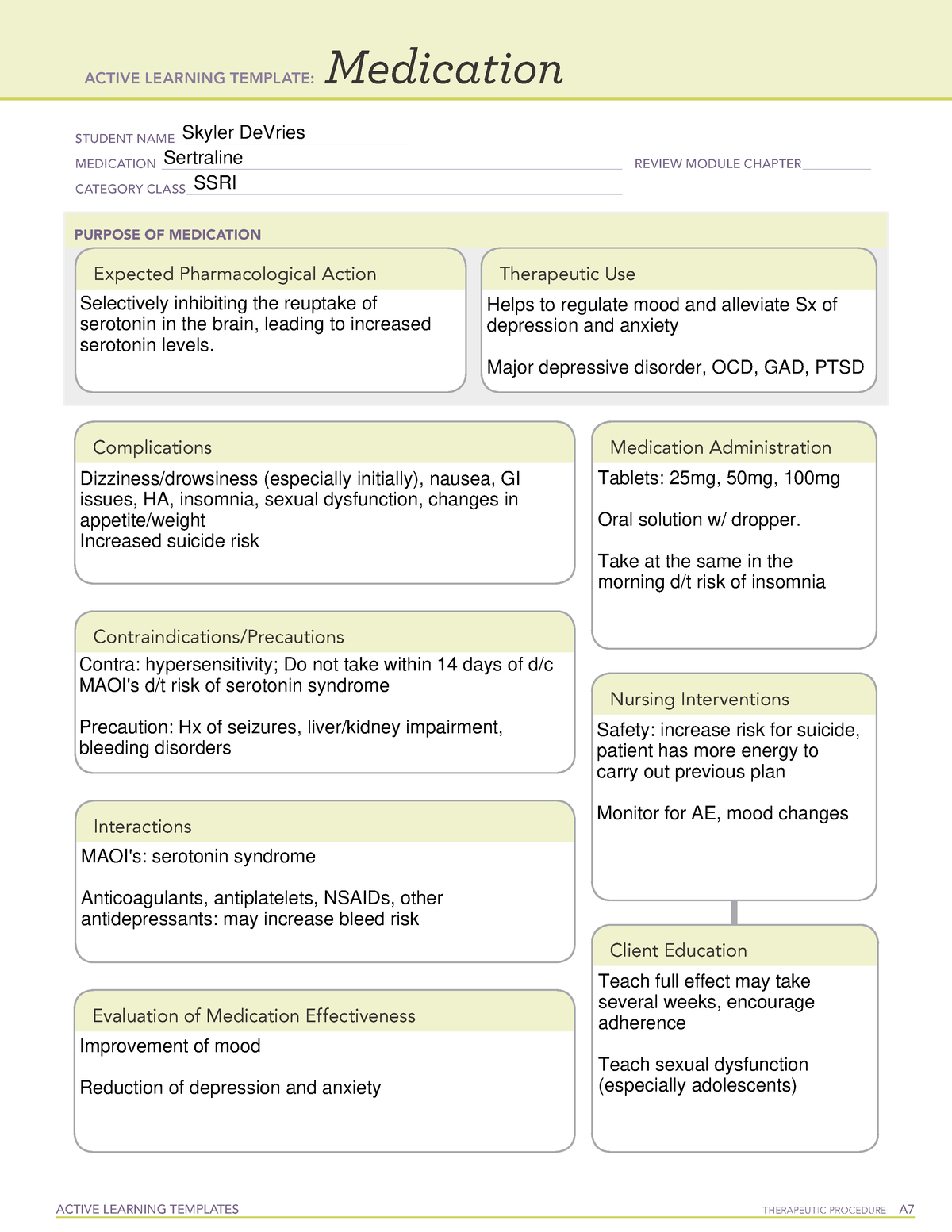 Med Sheet Sertraline ACTIVE LEARNING TEMPLATES THERAPEUTIC PROCEDURE