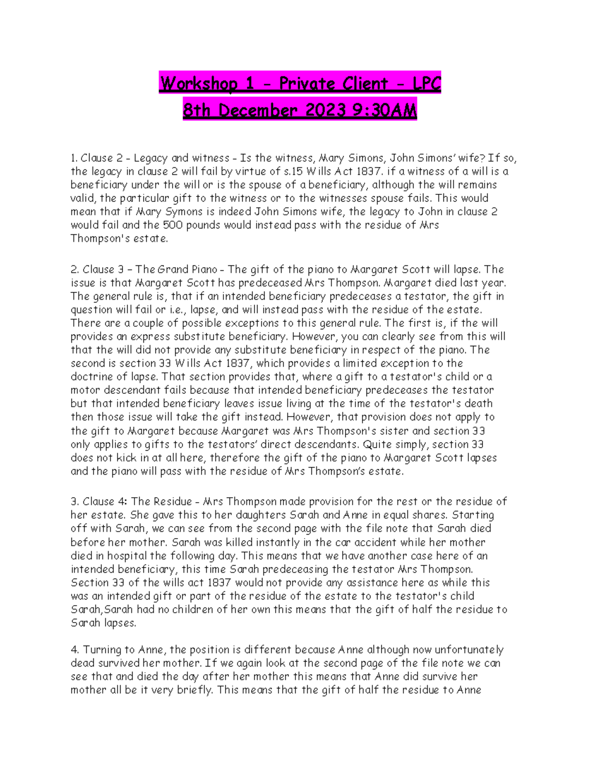 Workshop 1 - Private Client - LPC - if a witness of a will is a ...