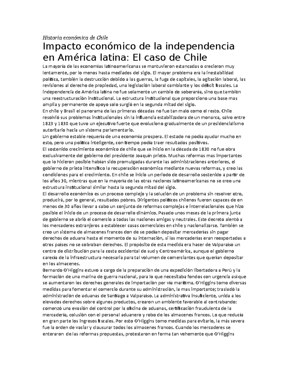Historia económica de Chile Historia económica de Chile Impacto