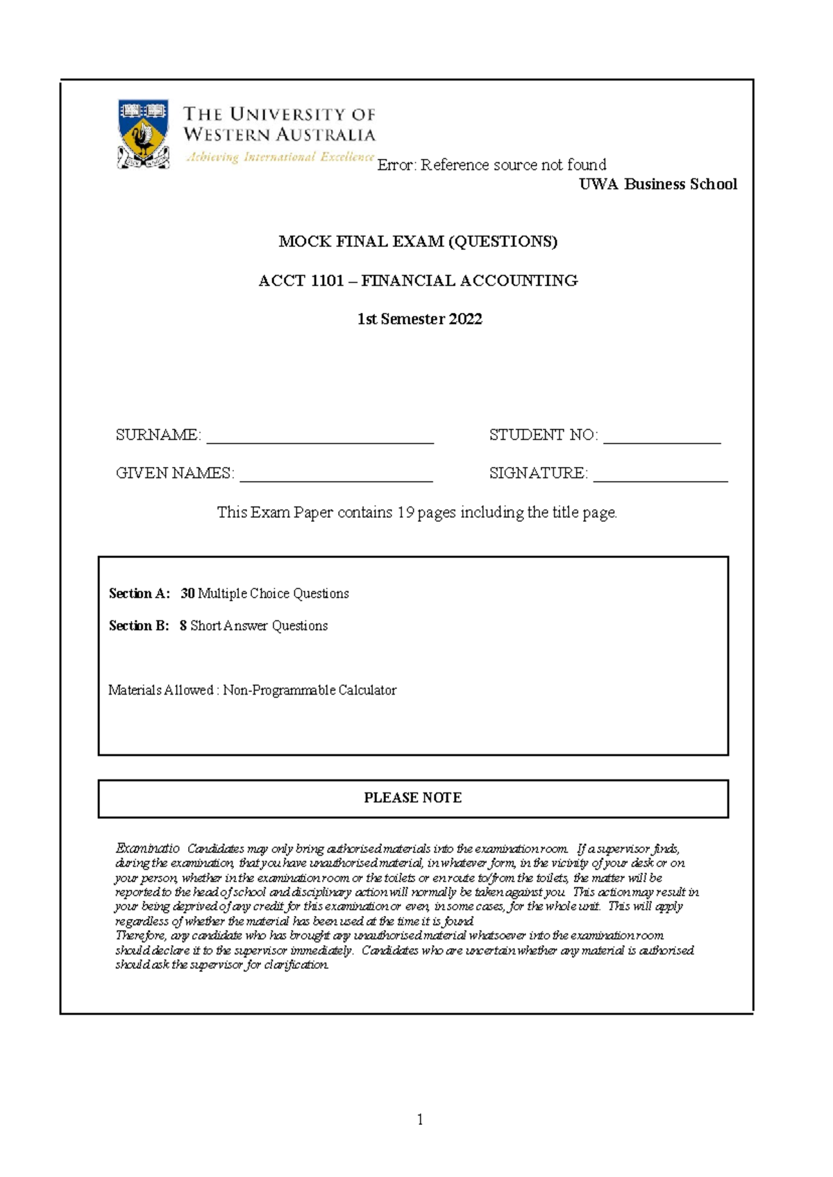 (2022) ACCT1101 Mock Final Exam Semester 1 - Questions (Revision ...
