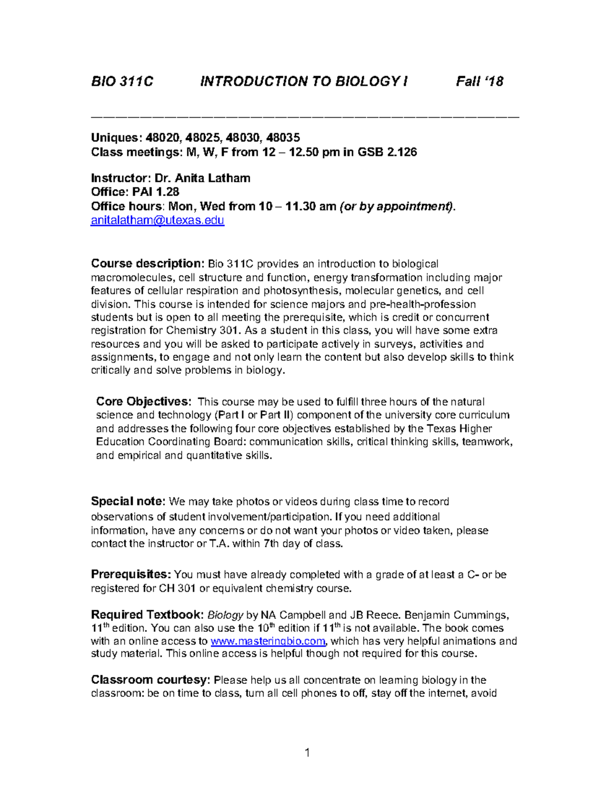 BIO311C syllabus Fall18 12 updated upload - BIO 311C INTRODUCTION TO ...