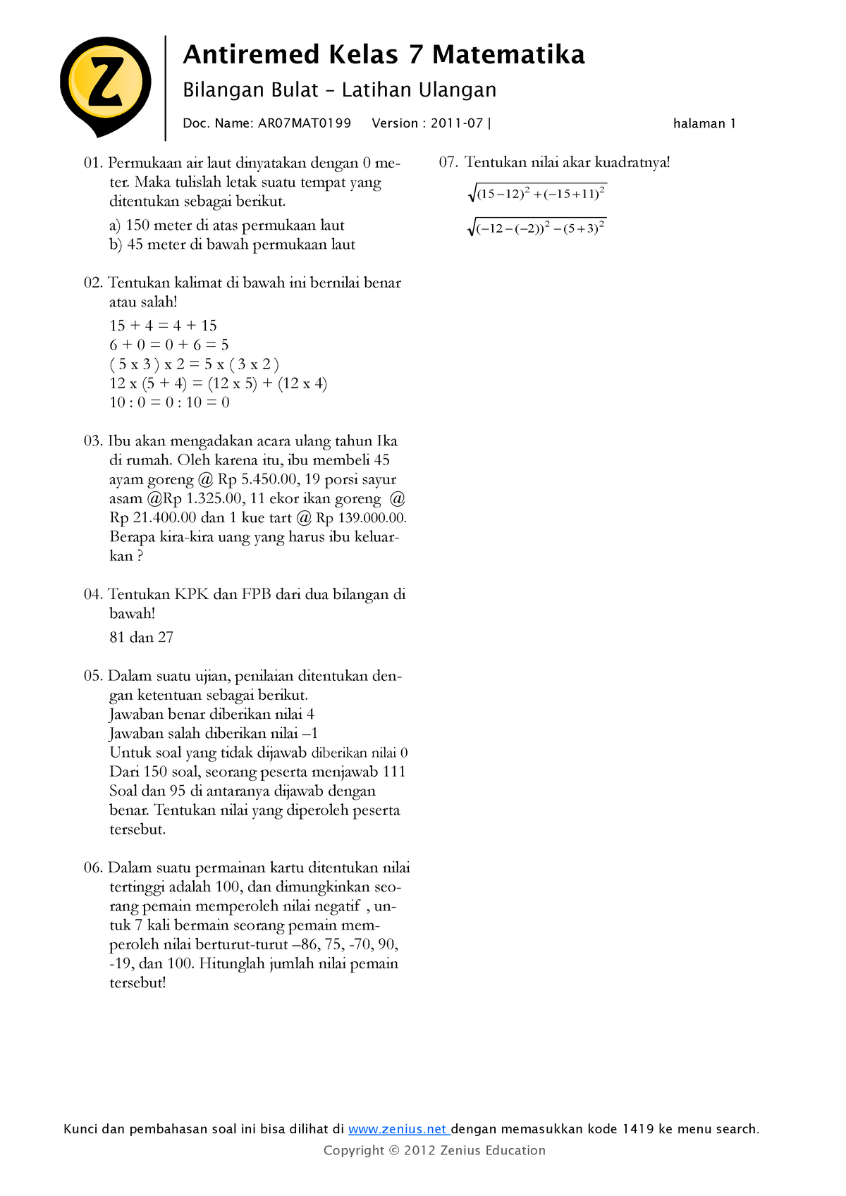 Latihan Soal Bilangan Bulat 7 Antiremed Kelas 7 Matematika Doc Name Ar07mat0199 Version 9132