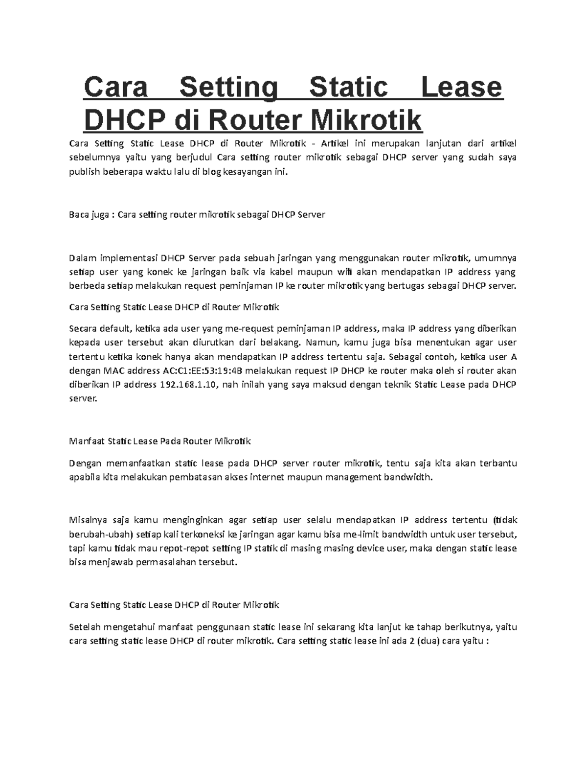 Cara Setting Static Lease DHCP di Router Mikrotik Baca juga Cara