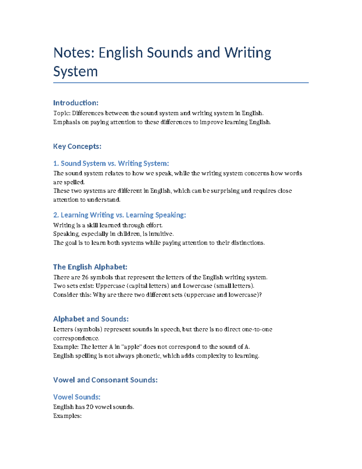 English 1 Lec 1.2 Notes Sounds and Writing System Notes - Notes ...