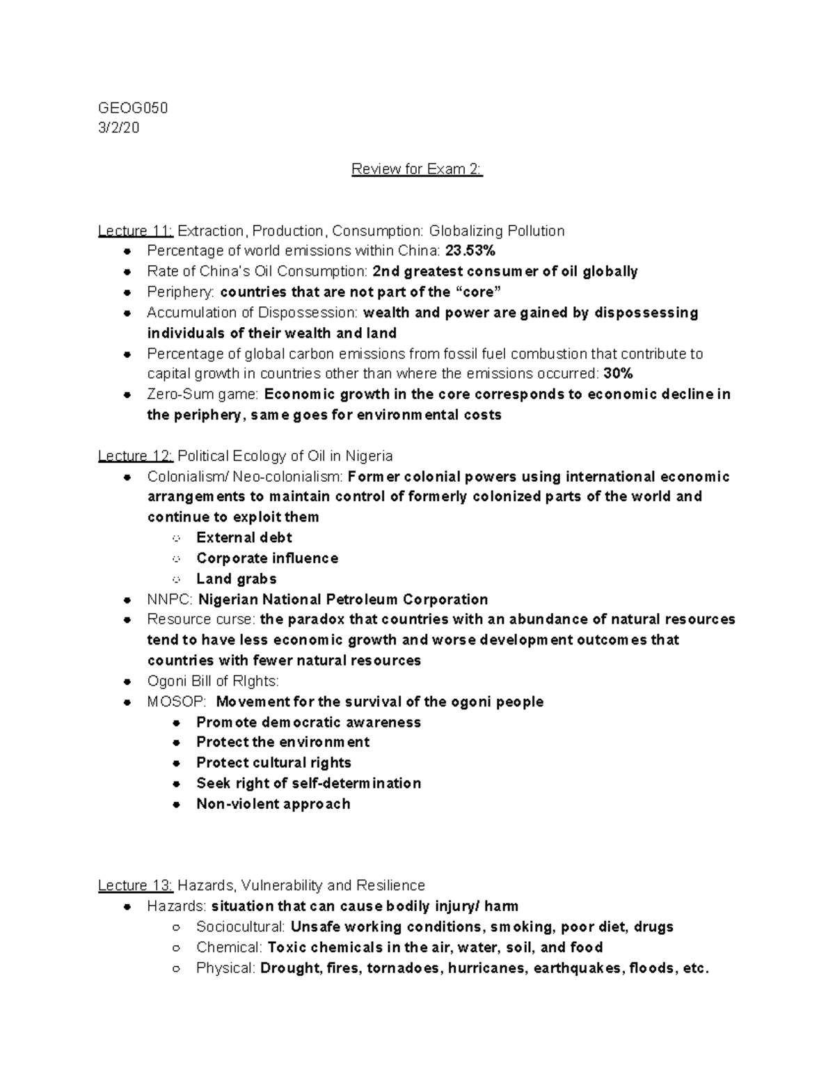 Study Guide Exam 2 - GEOG 3/2/ Review for Exam 2: Lecture 11 ...