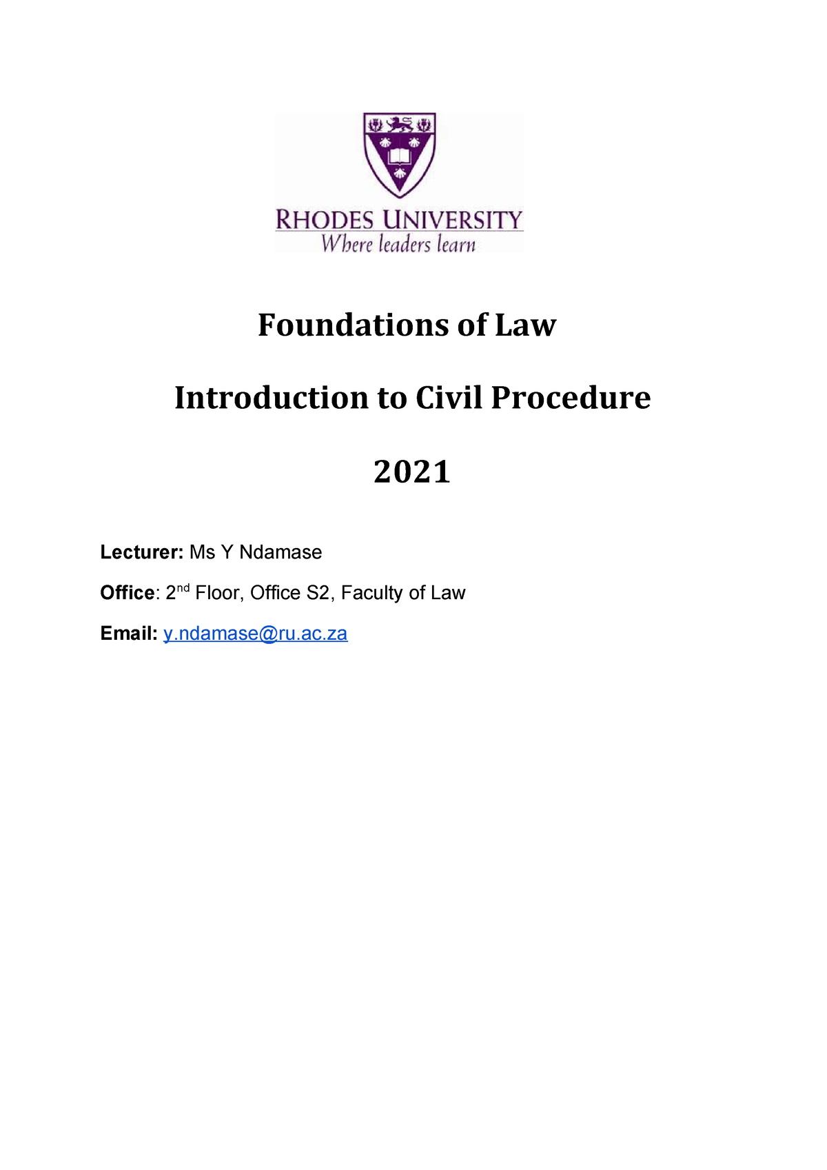 Civil Procedure Course Outline 2021 Foundations of Law Introduction