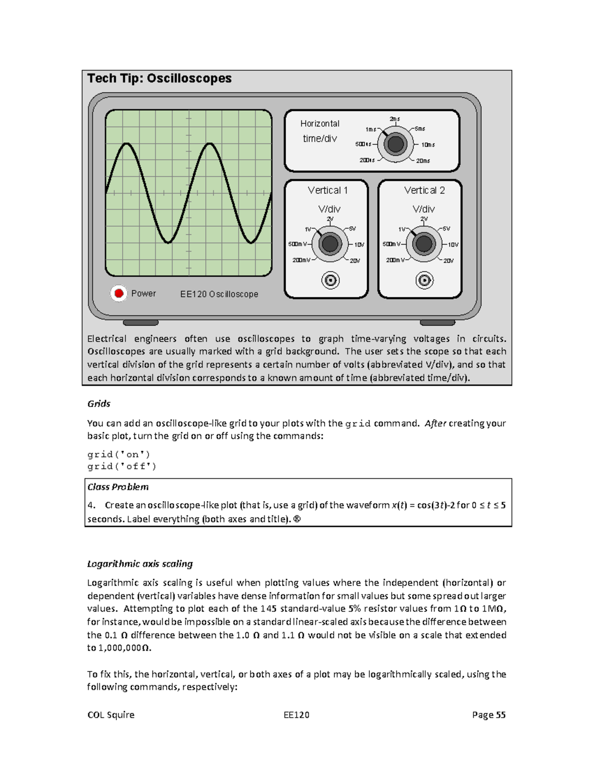 Matlab graphics-3 - COL Squire EE120 Page 55 Tech Tip: Oscilloscopes ...
