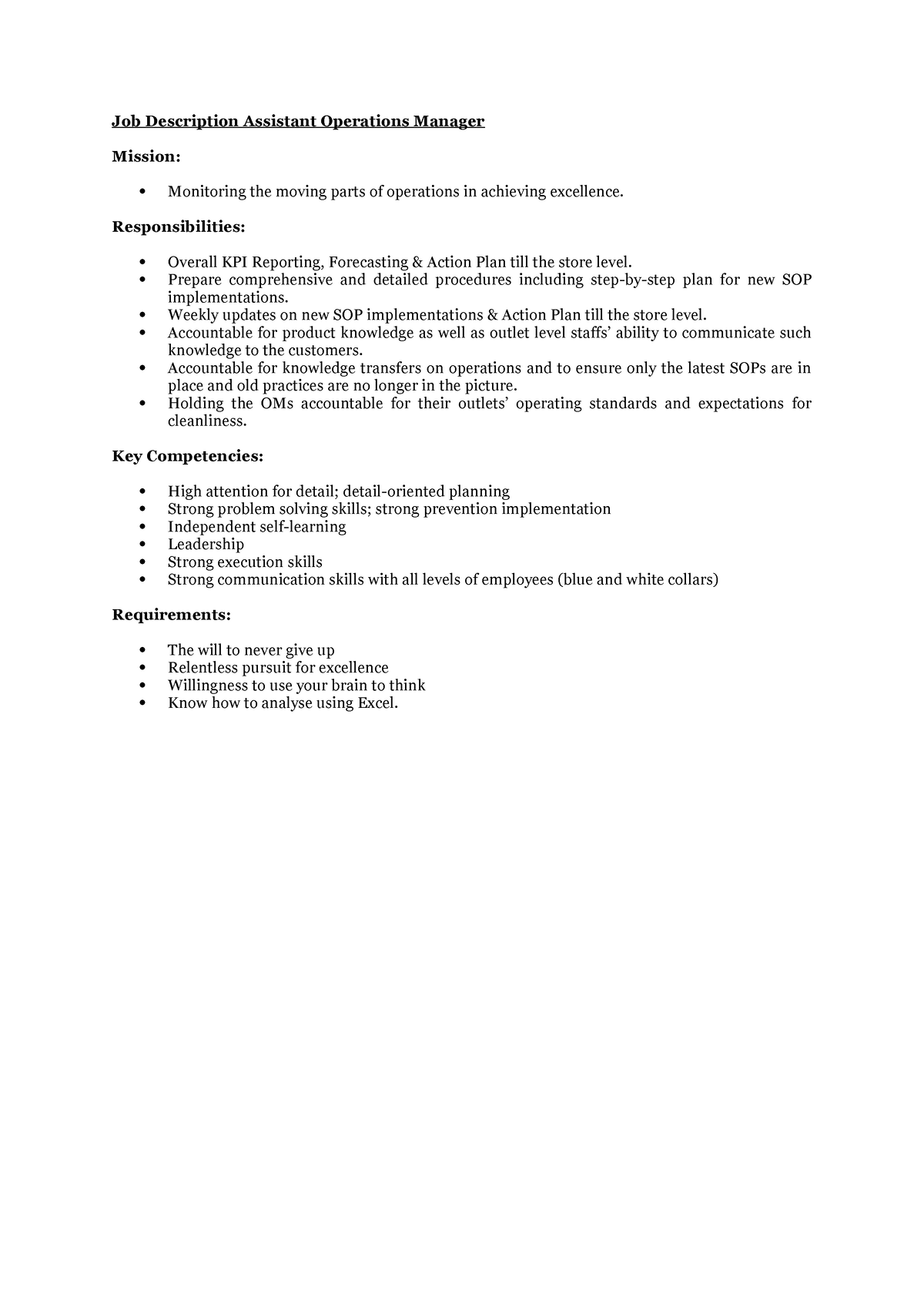 Job Description Assistant Ops Manager Job Description Assistant 