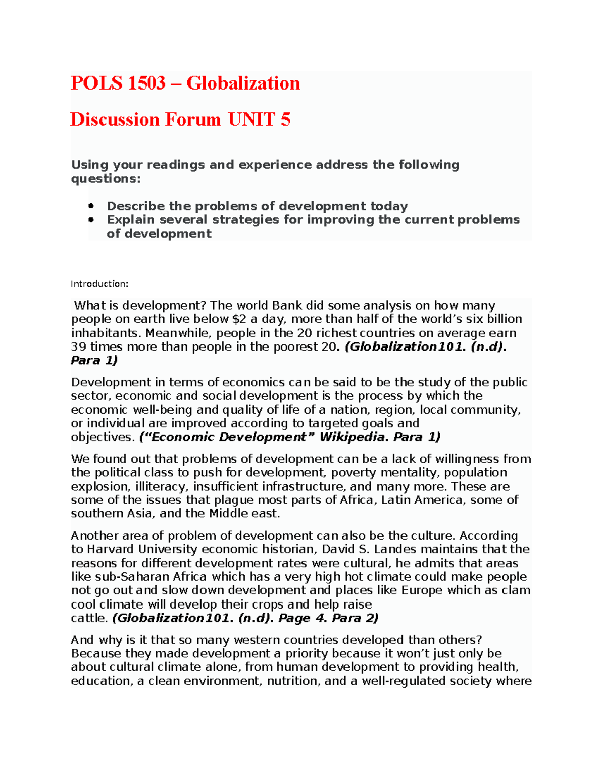 POLS -Globalization - Discussion Forum-UNIT 5 - POLS 1503 ...