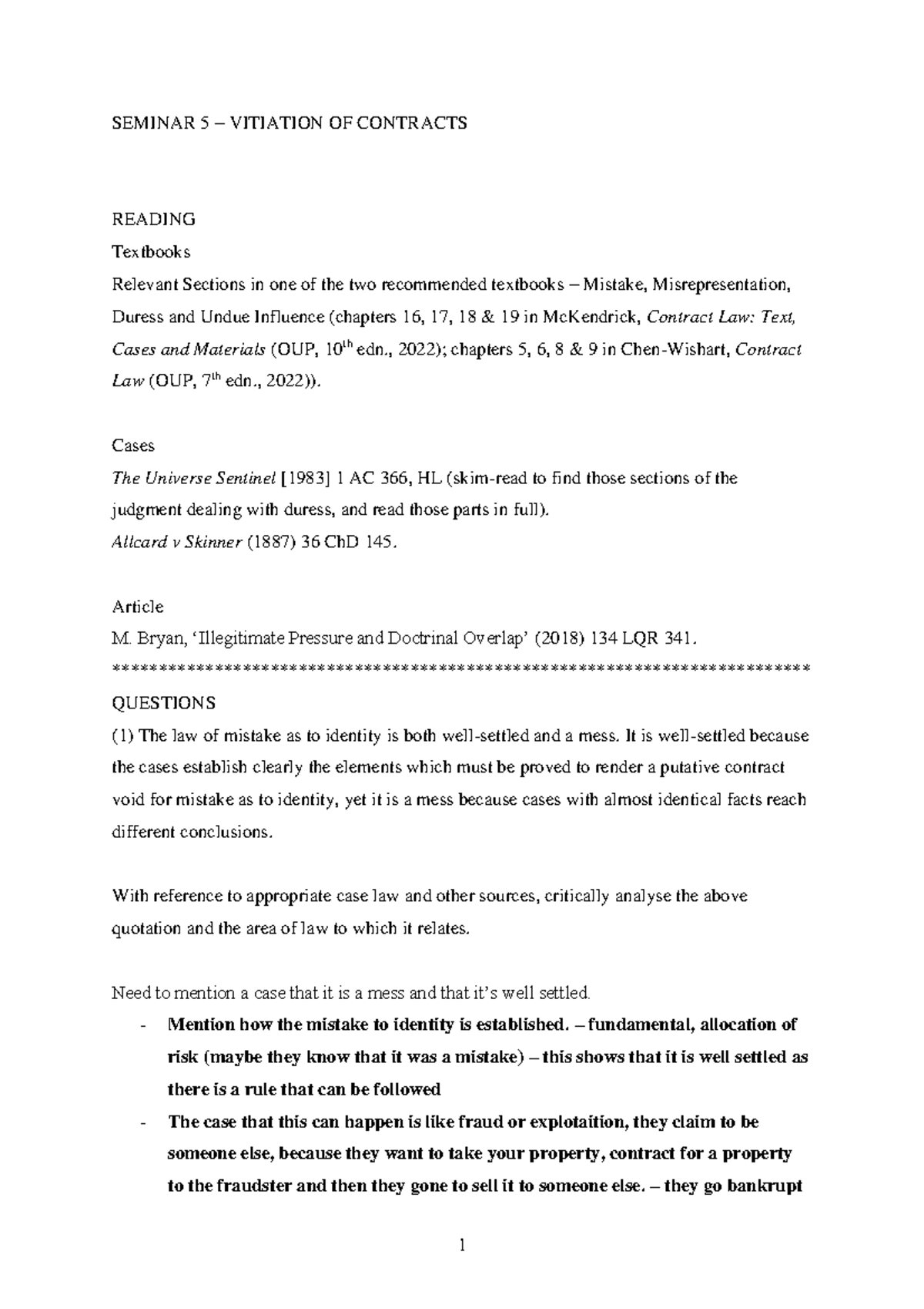 Seminar 5 copy - SEMINAR 5 – VITIATION OF CONTRACTS READING Textbooks ...