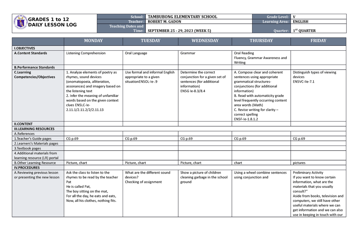 DLL English 5 Q1 W5 - dll - GRADES 1 to 12 DAILY LESSON LOG School ...