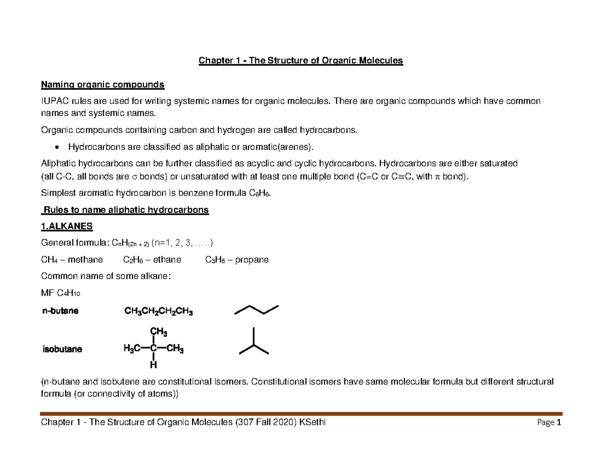 Chapter 1 The Structure of Organic Molecules 307 Fall 2020 Final
