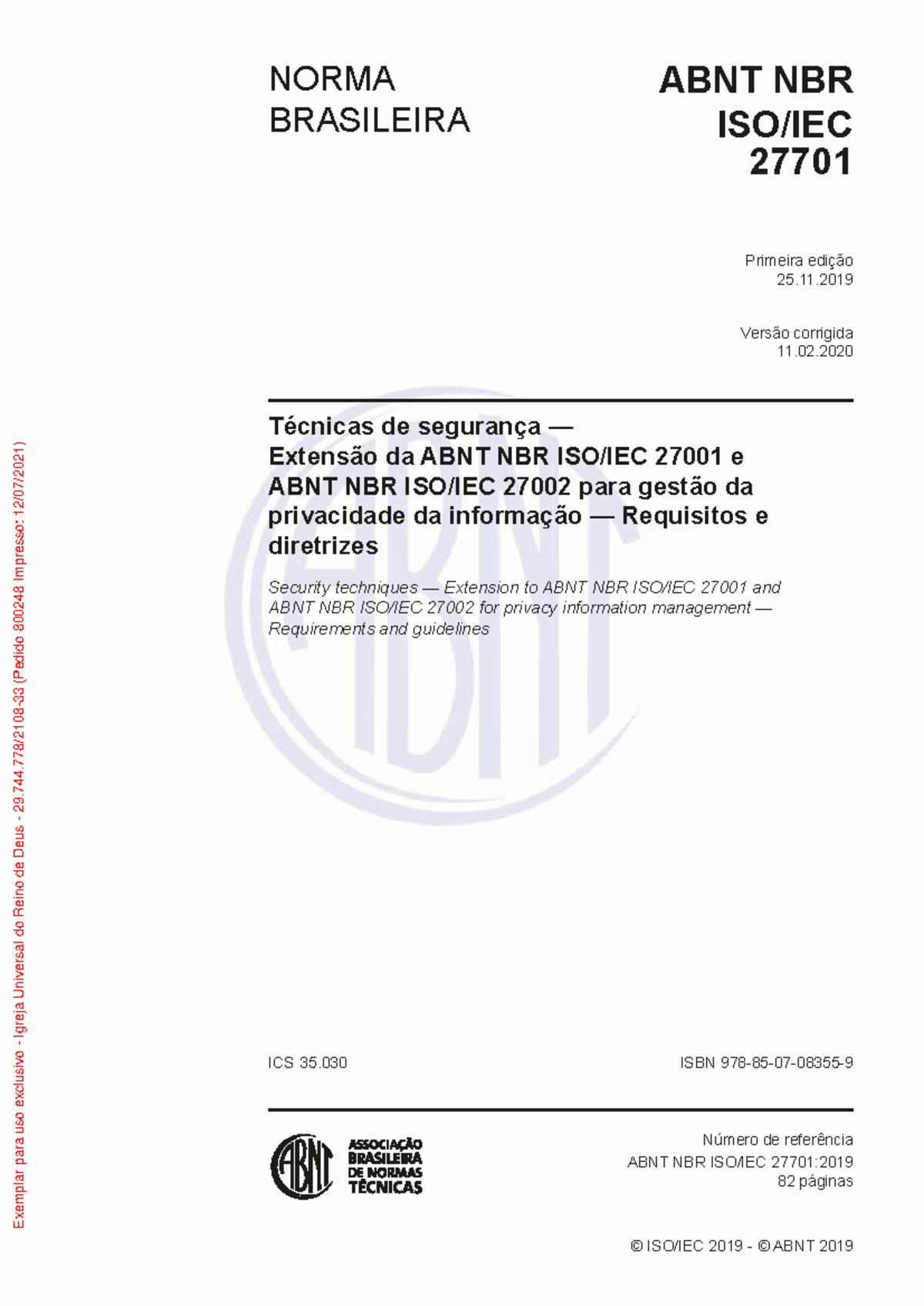 Iso27701 Técnicas De Segurança — Extensão Da Abnt Nbr Isoiec 27001 E Abnt Nbr Isoiec 0642