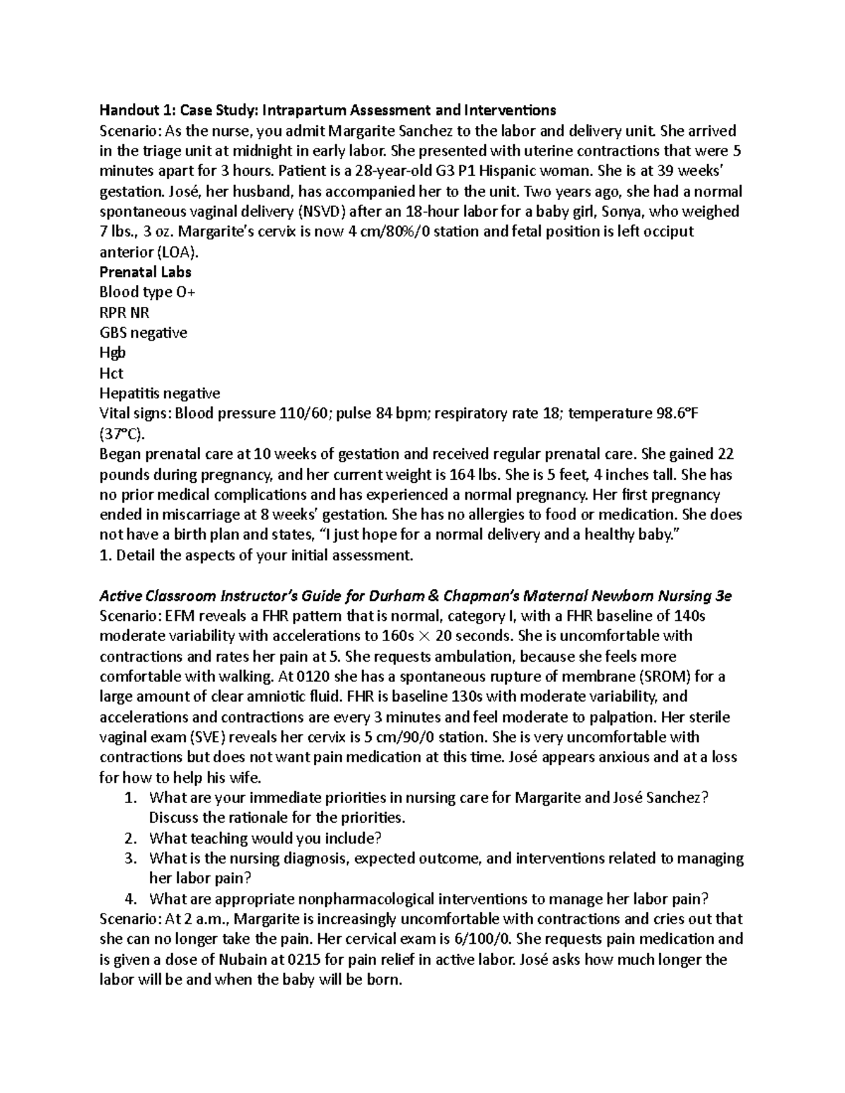 Case Study- Intrapartum Assessment And Interventions - Handout 1: Case ...