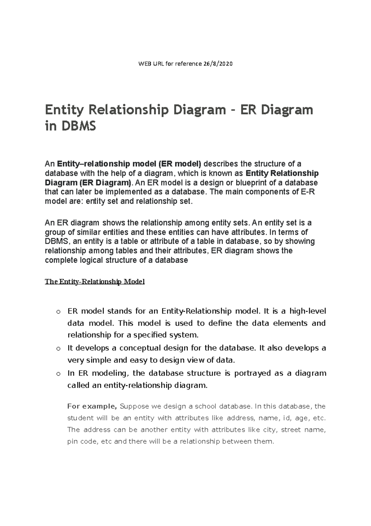 77 216 ER Model - Lecture notes - WEB URL for reference 26/8/ Entity ...