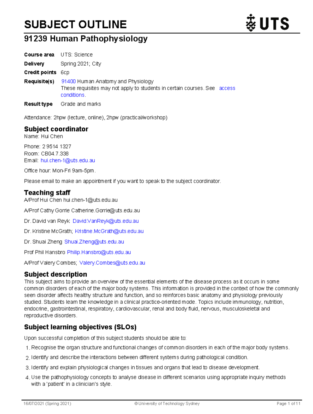 Subject Outline- Human Pathophysiology 2021 - SUBJECT OUTLINE 91239 ...
