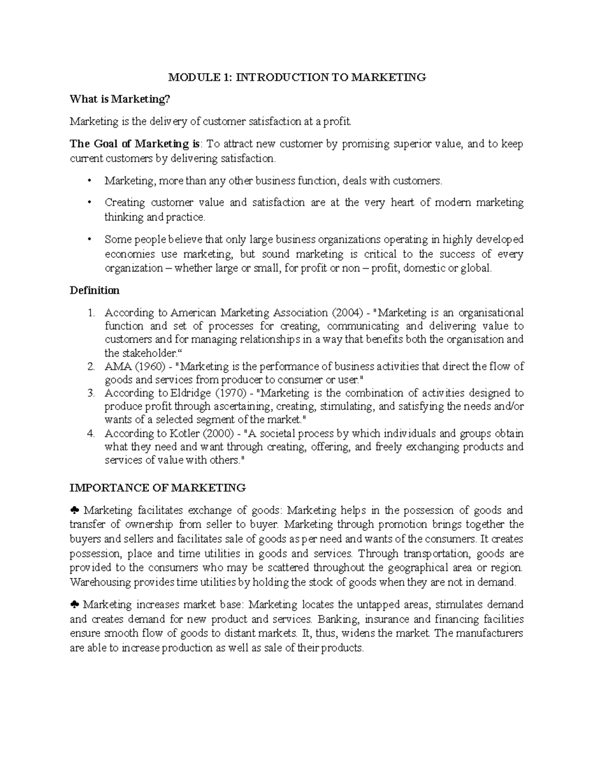 Module 1 introduction to marketing - MODULE 1: INTRODUCTION TO ...