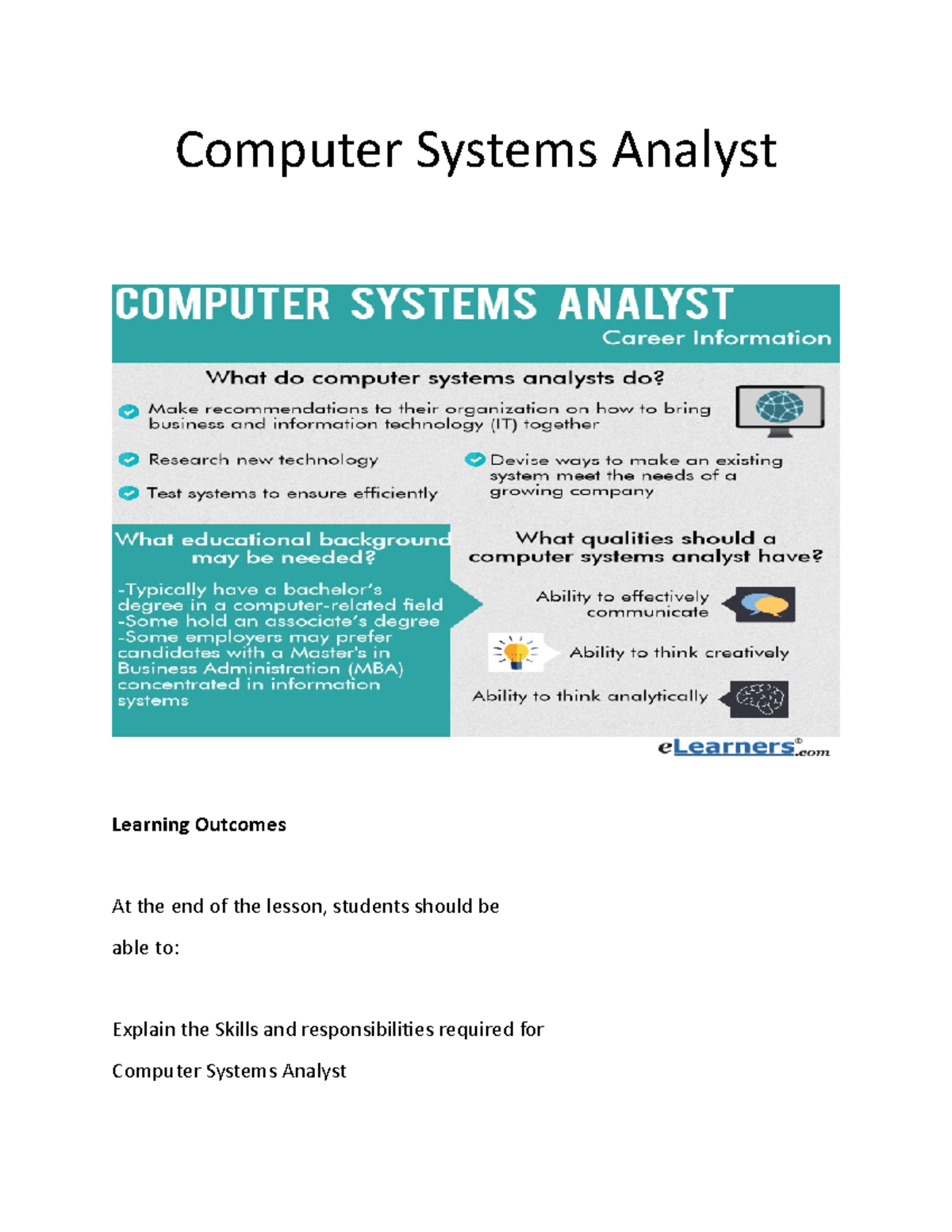 Computer Systems Analyst Computer Systems Analyst Learning
