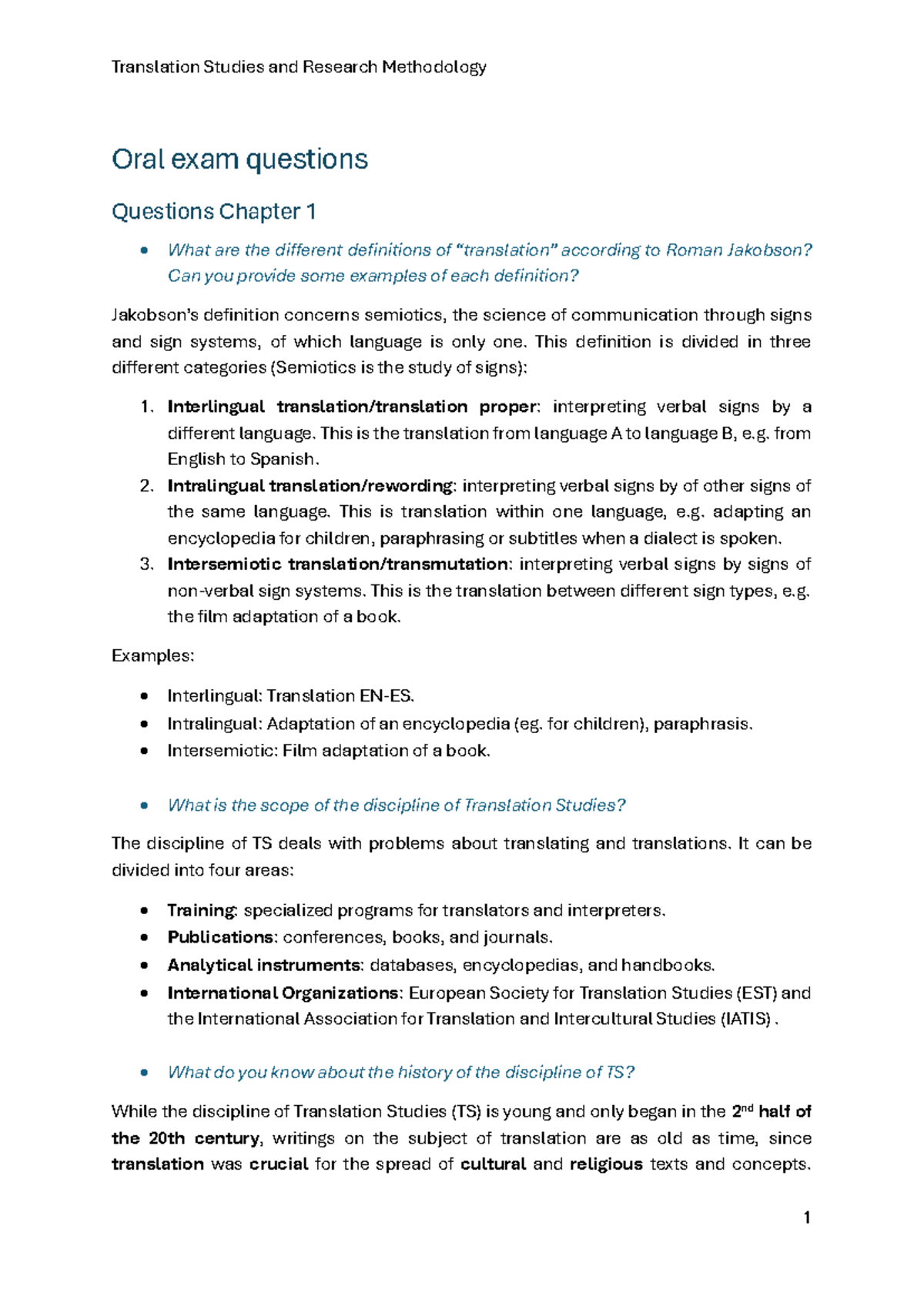 Translation Studies and Research Methodology Oral exam - Oral exam ...