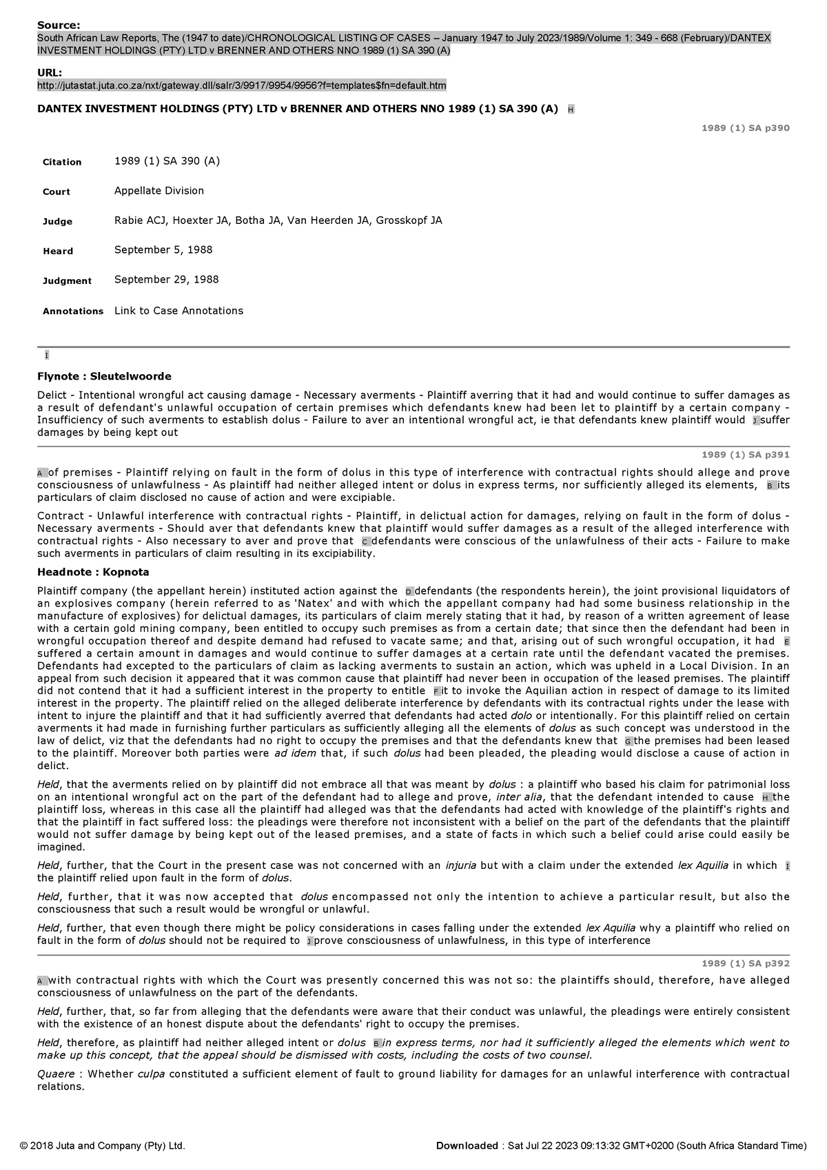 Dantex Investment Holdings (PTY) LTD v Brenner AND Others NNO 1989 (1 ...