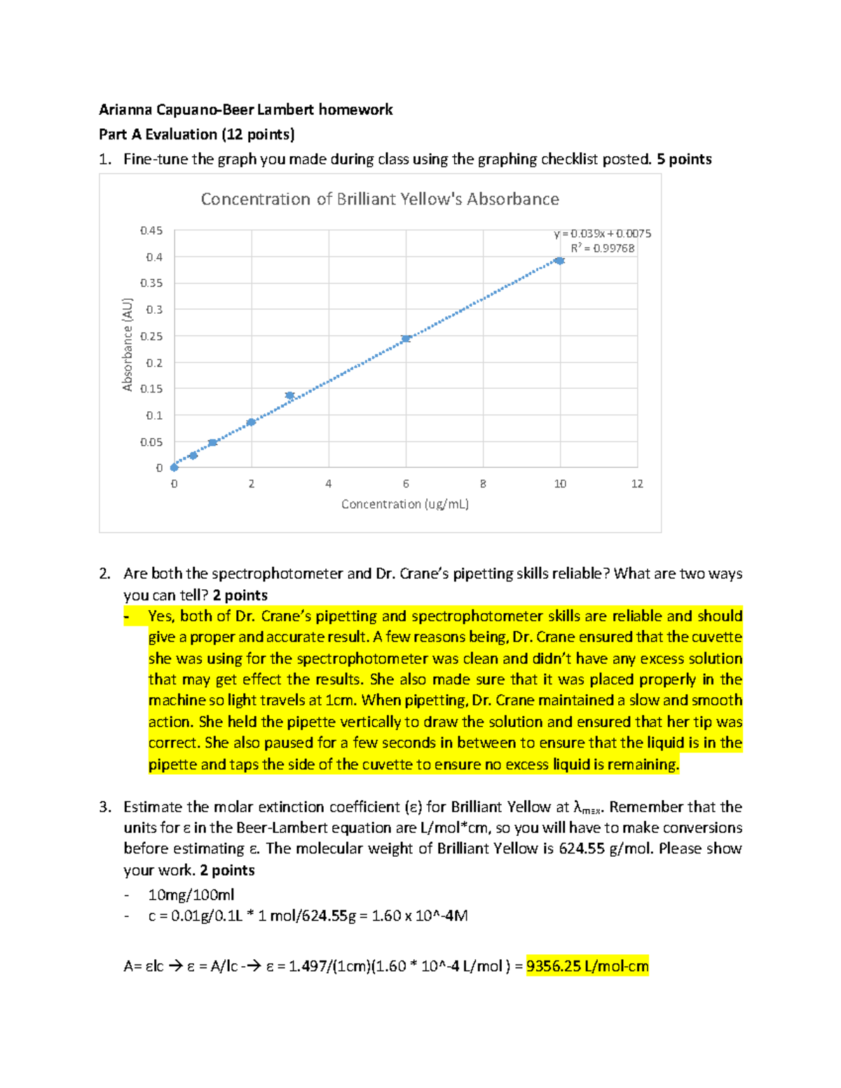 Beer Lambert Biochem Lab HW Arianna CapuanoBeer Lambert homework Part A Evaluation (12 points