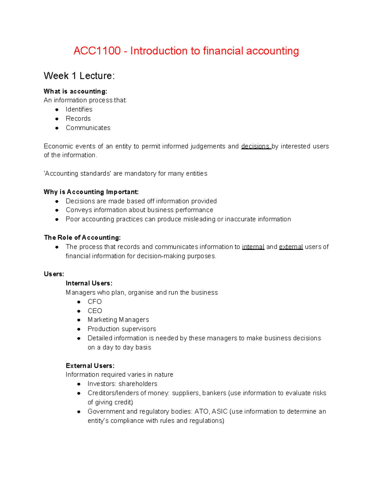 ACC1100 - Notes Week1 - ACC1100 - Introduction To Financial Accounting ...