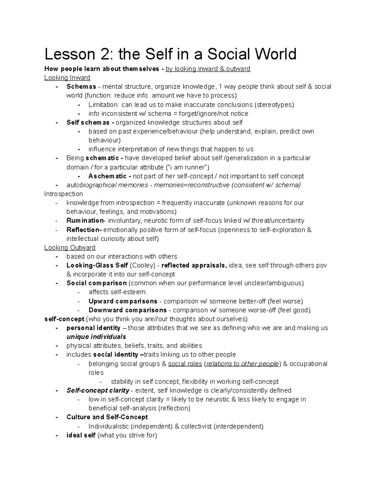 Lesson 2 Self in a Social World - Lesson 2: the Self in a Social World ...