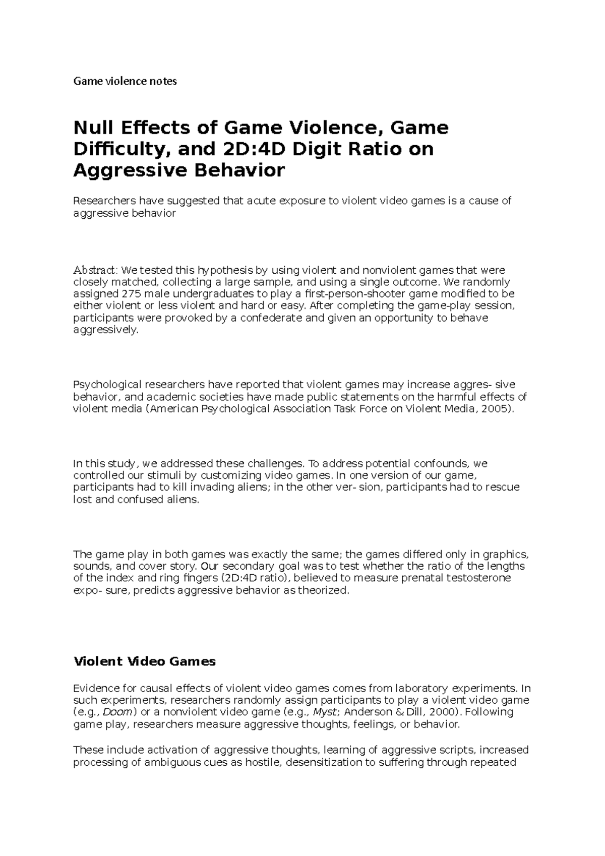 Game violence notes psychology year 1 PS1004 City Studocu