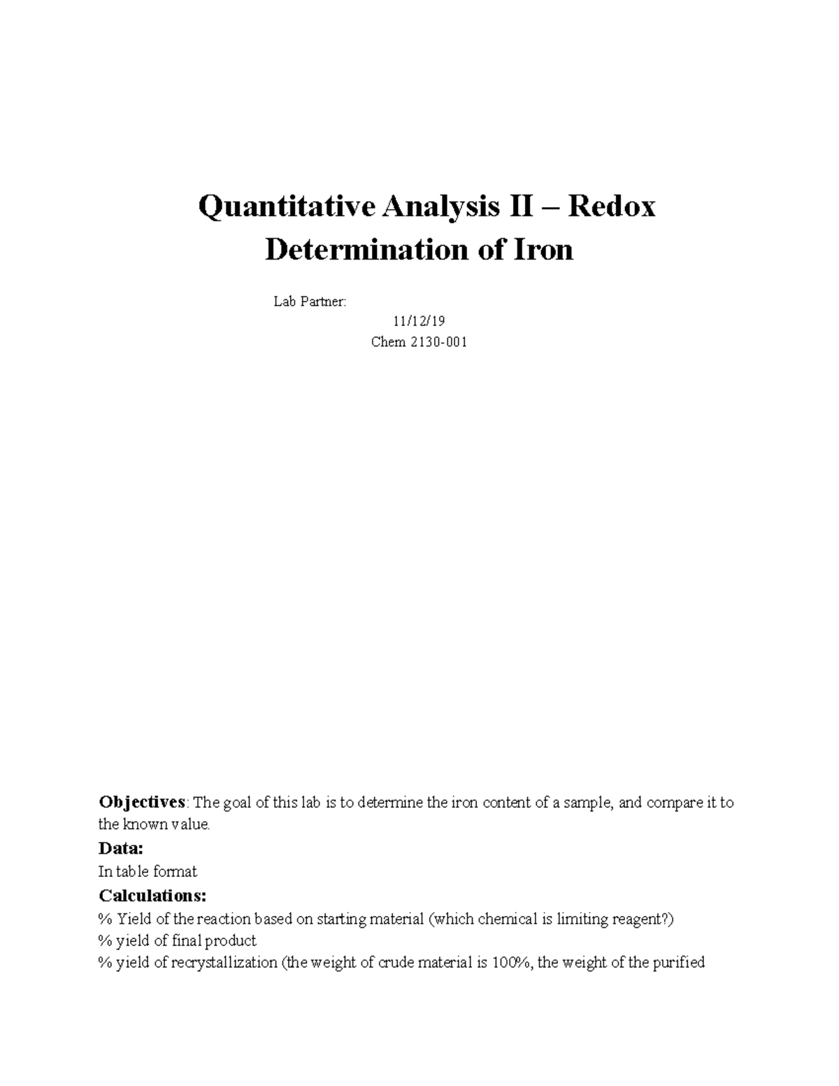 Quantitative Analysis II Redox Determination of Iron Lab Report