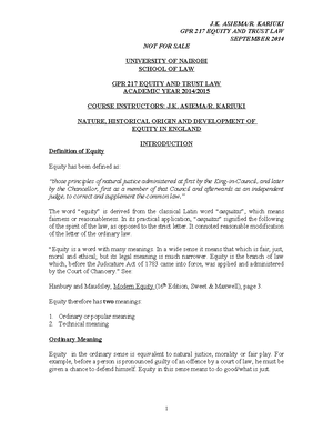 LAW OF EQUITY NOTES - SEPTEMBER 2024 UNIVERSITY OF NAIROBI FACULTY OF ...