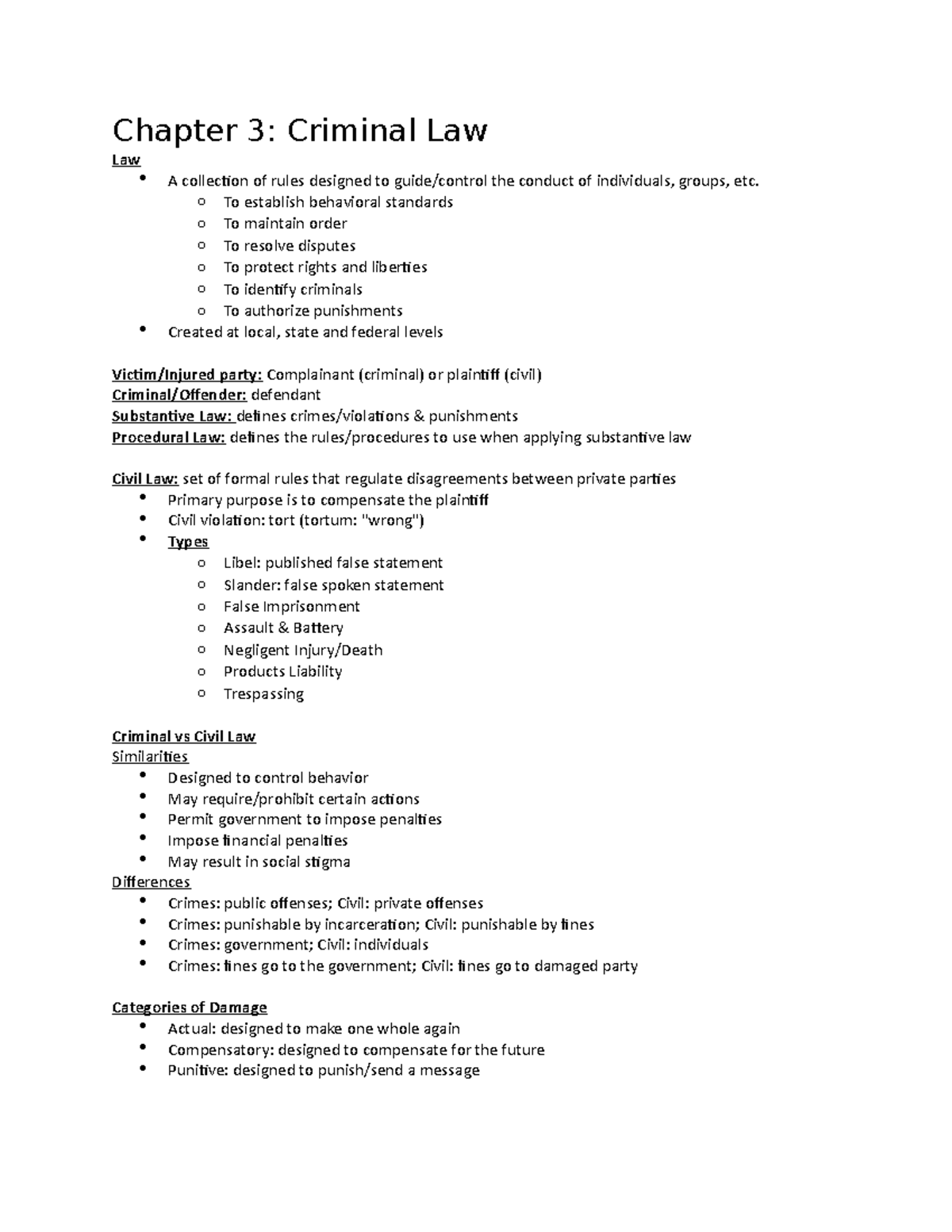 Chapter 3 Notes - Chapter 3: Criminal Law Law A collection of rules ...