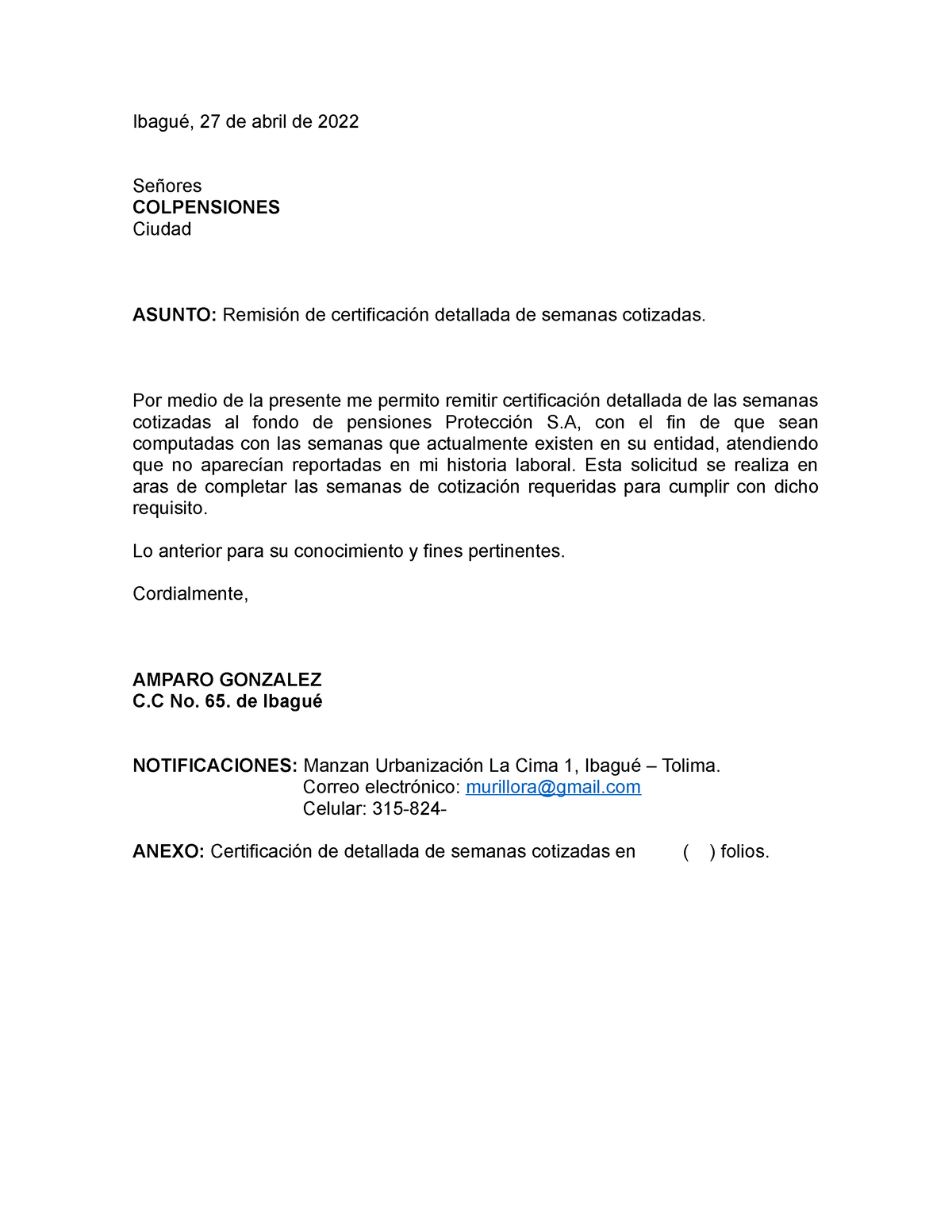 Oficio Colpensiones - SOLICITUD PARA COMPUTAR SEMANAS COTIZADAS DE  PENSIONES - Ibagué, 27 de abril - Studocu