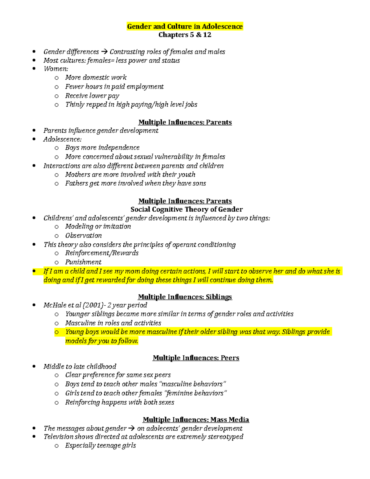 Psych 361 Notes Ch 5 & 12 - Gender and Culture in Adolescence Chapters ...