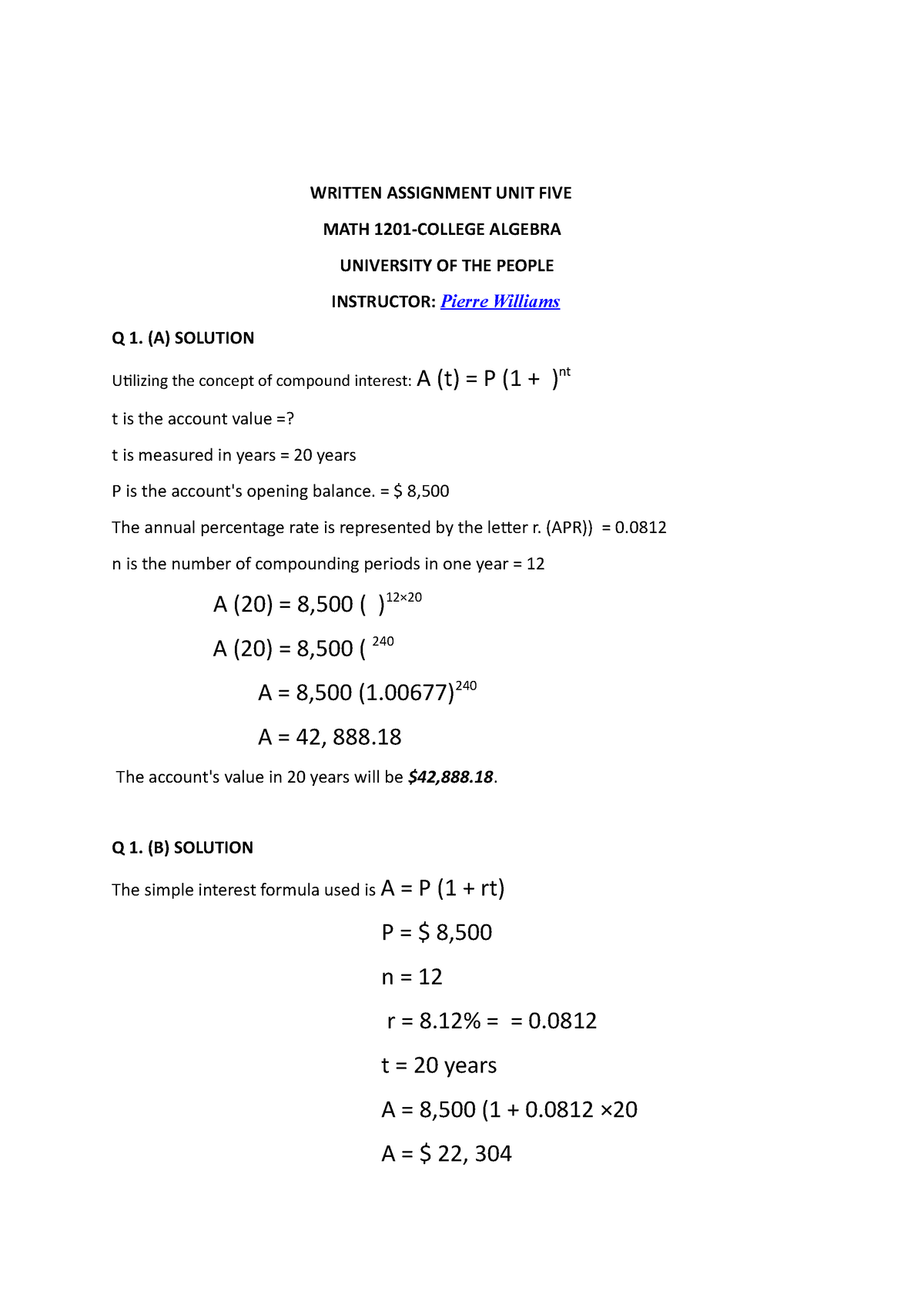 written assignment unit 5 math 1201