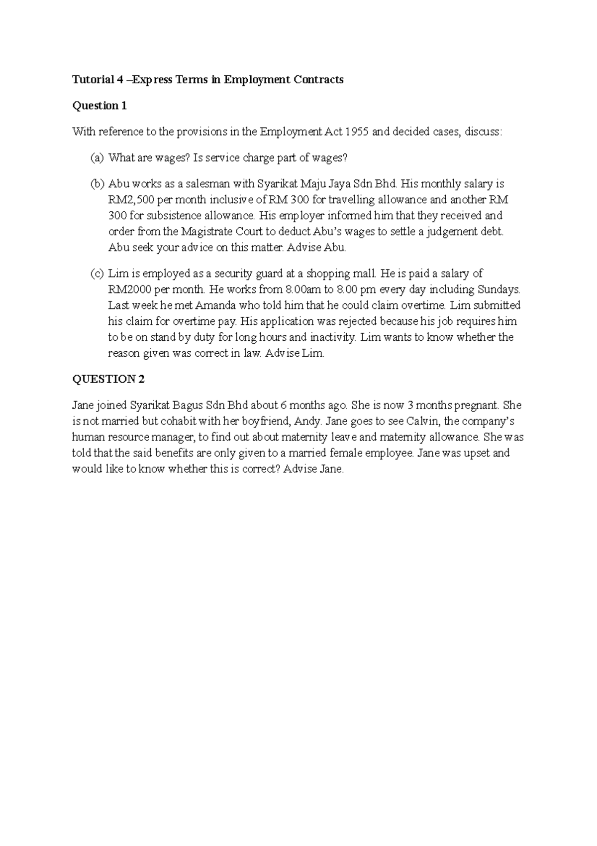 Tutorial 4 No Answer Tutorial 4 Express Terms In Employment Contracts Question 1 With 