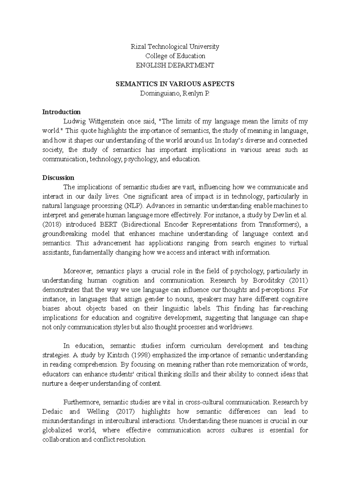 Implications of Semantics - Rizal Technological University College of ...