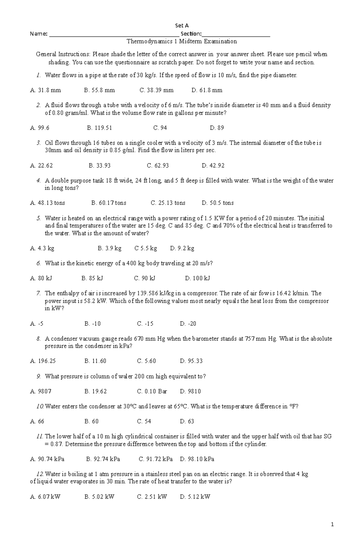 Thermo 1 Midterm Exam Set A - Name ...