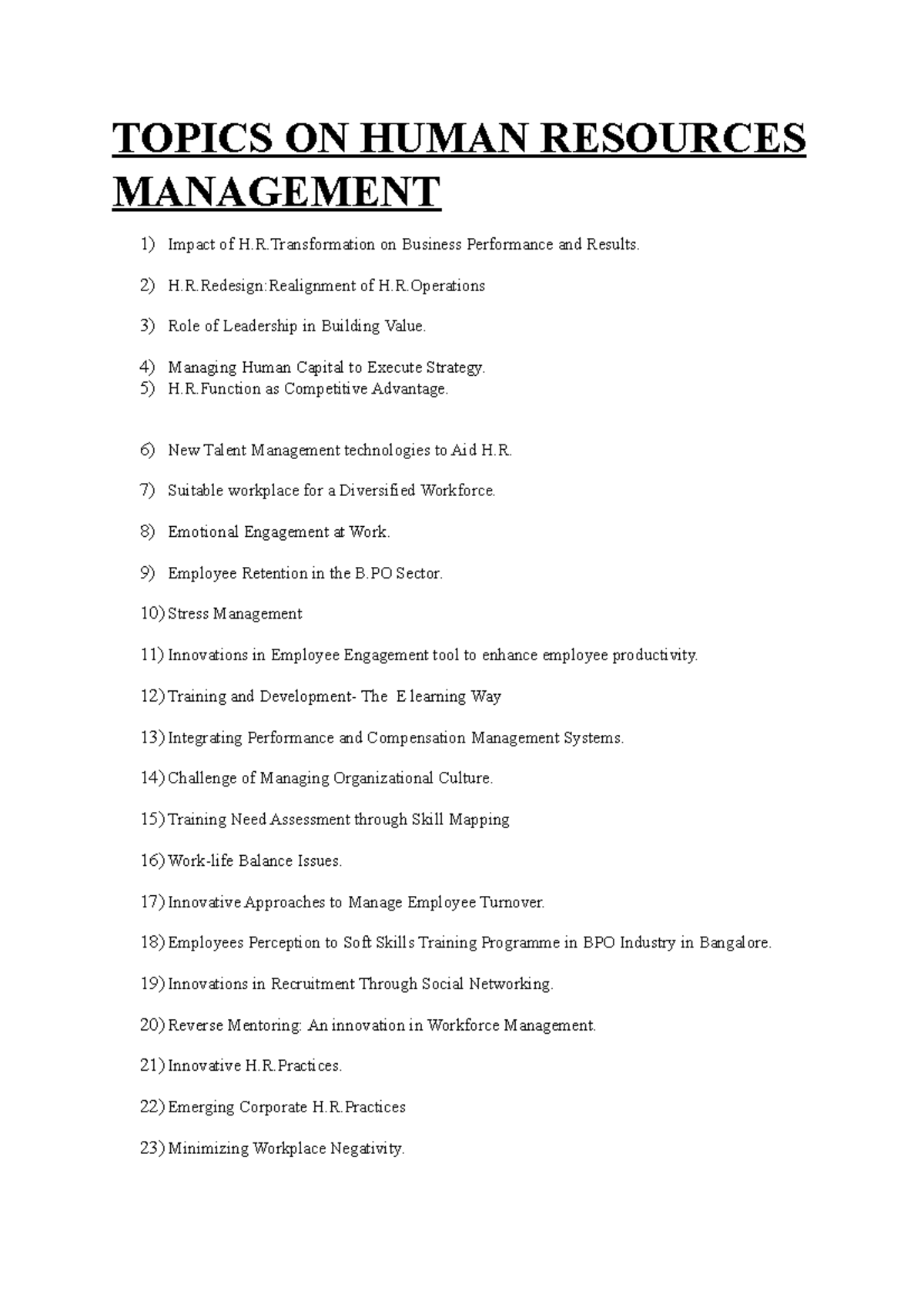 BBA Topics FOR Project WORK TOPICS ON HUMAN RESOURCES MANAGEMENT 1 