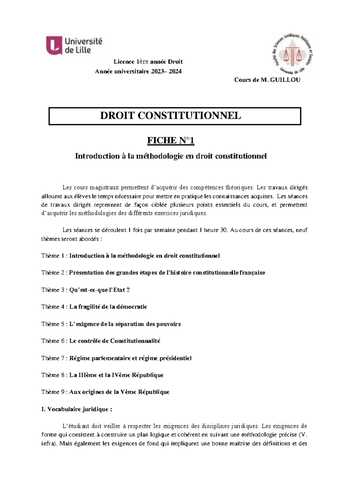 Fiche 1 - PLAN DE COURS - Licence 1Ëre année Droit Année universitaire ...