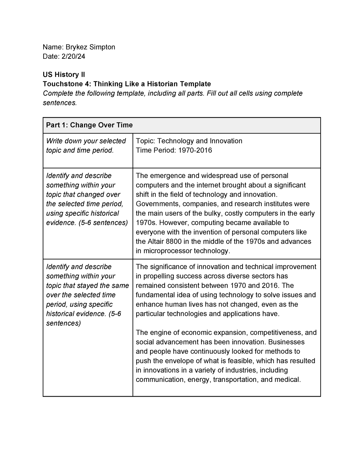 US History II Touchstone 4 - Name: Brykez Simpton Date: 2/20/ US ...