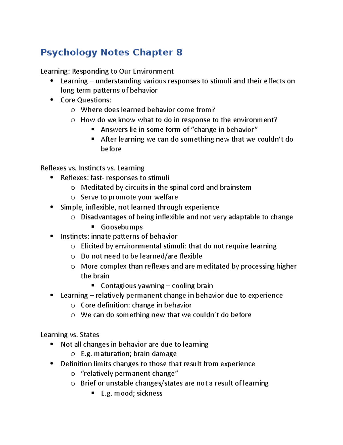 Psychology Notes Chapter 8 - Instincts vs. Learning Reflexes: fast ...