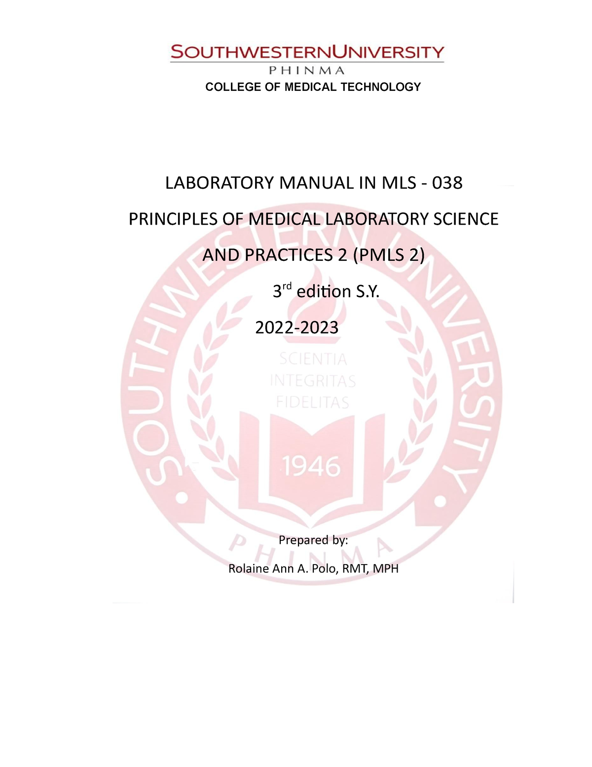 Laboratory Manual - COLLEGE OF MEDICAL TECHNOLOGY LABORATORY MANUAL IN ...