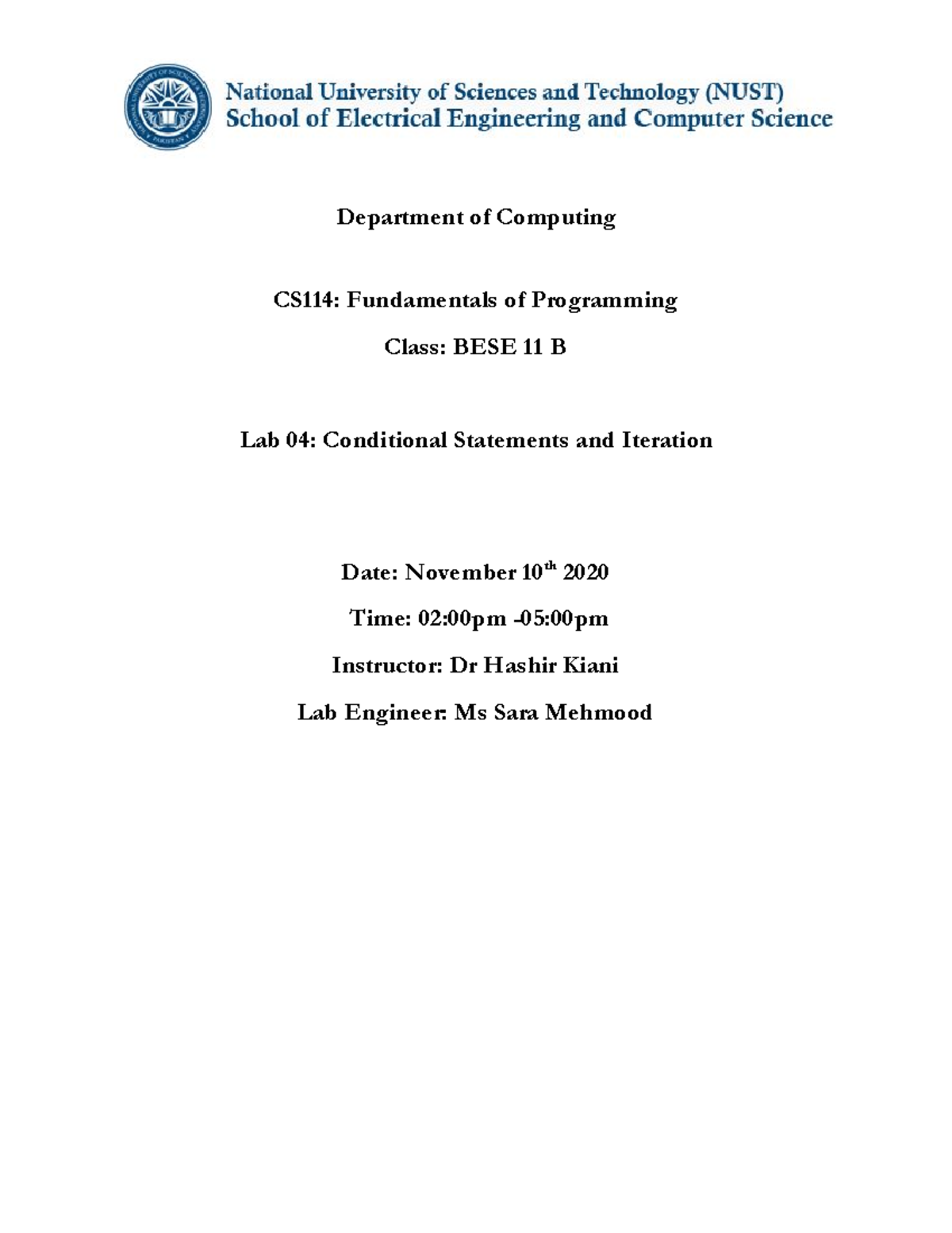 CS-114 BESE11B Lab4 - Department Of Computing CS114: Fundamentals Of ...