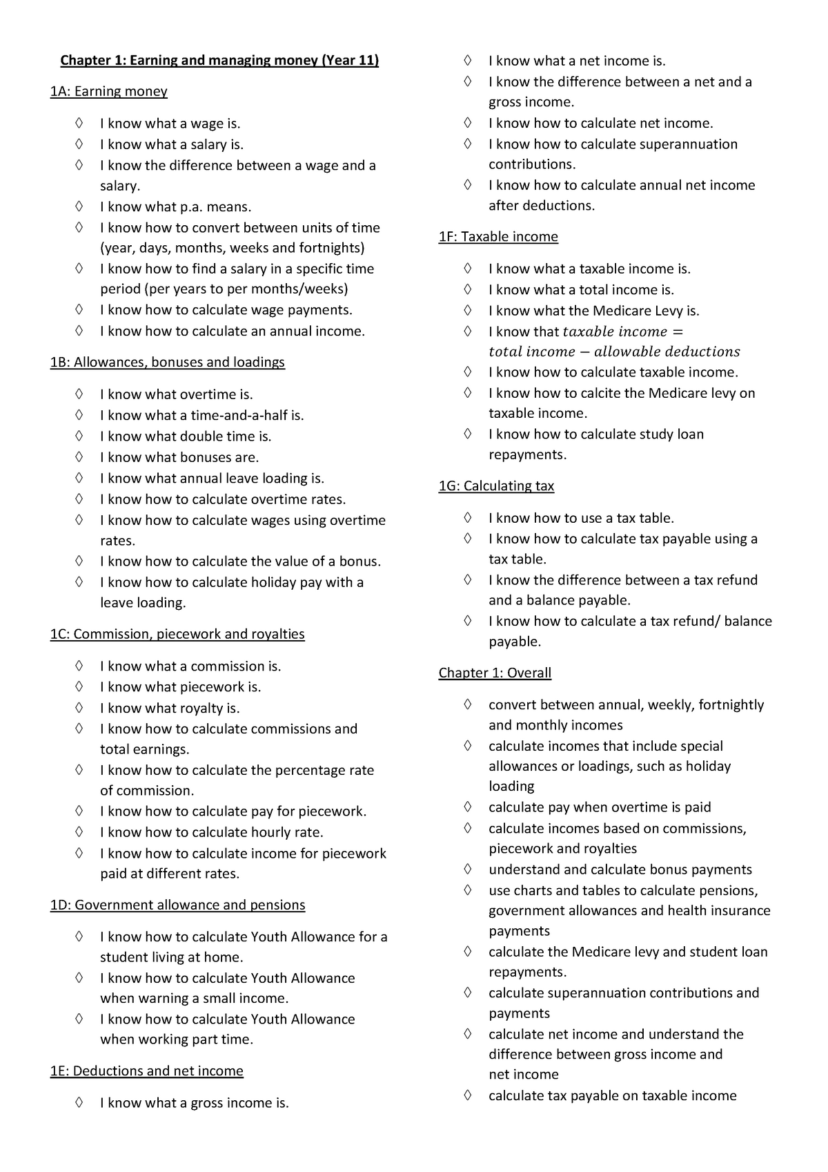 Standard Mathematics Yr 11 - 12 Master syllabus checklist - Chapter 1 ...