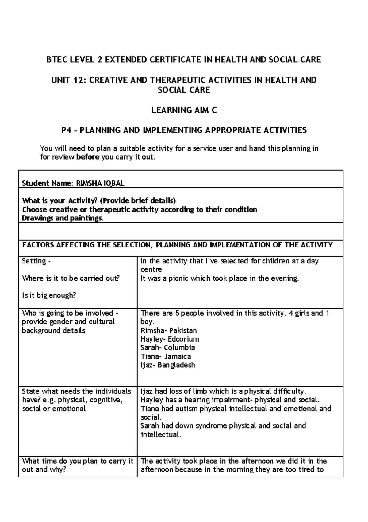 UNIT 12- Planning For Activities - BTEC LEVEL 2 EXTENDED CERTIFICATE IN ...